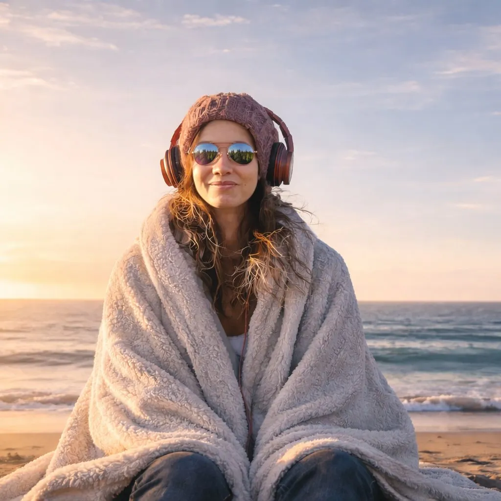 Inelia Benz wrapped in a blanket on a beach at sunset, wearing headphones